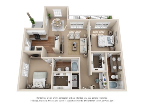 Floor plan for 2 beds, 2 baths, 1153 sqft